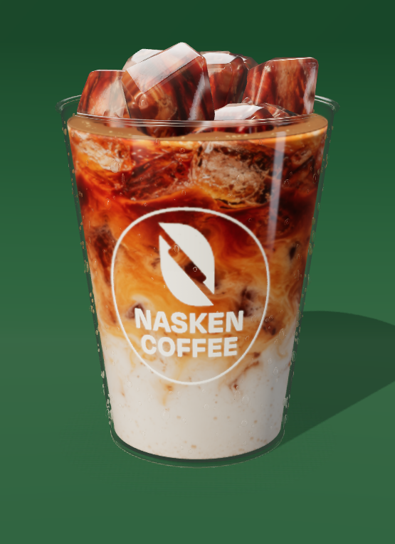 A Nasken iced latte with a clear branded cup, condensation and layers of coffee and milk.