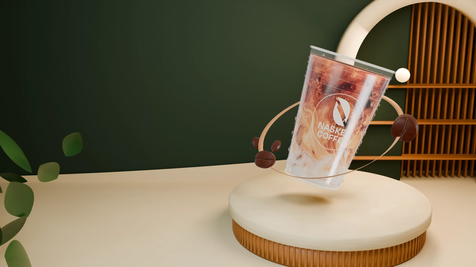 A tilted Nasken coffee cup with exterior water droplets and orbiting coffee beans.